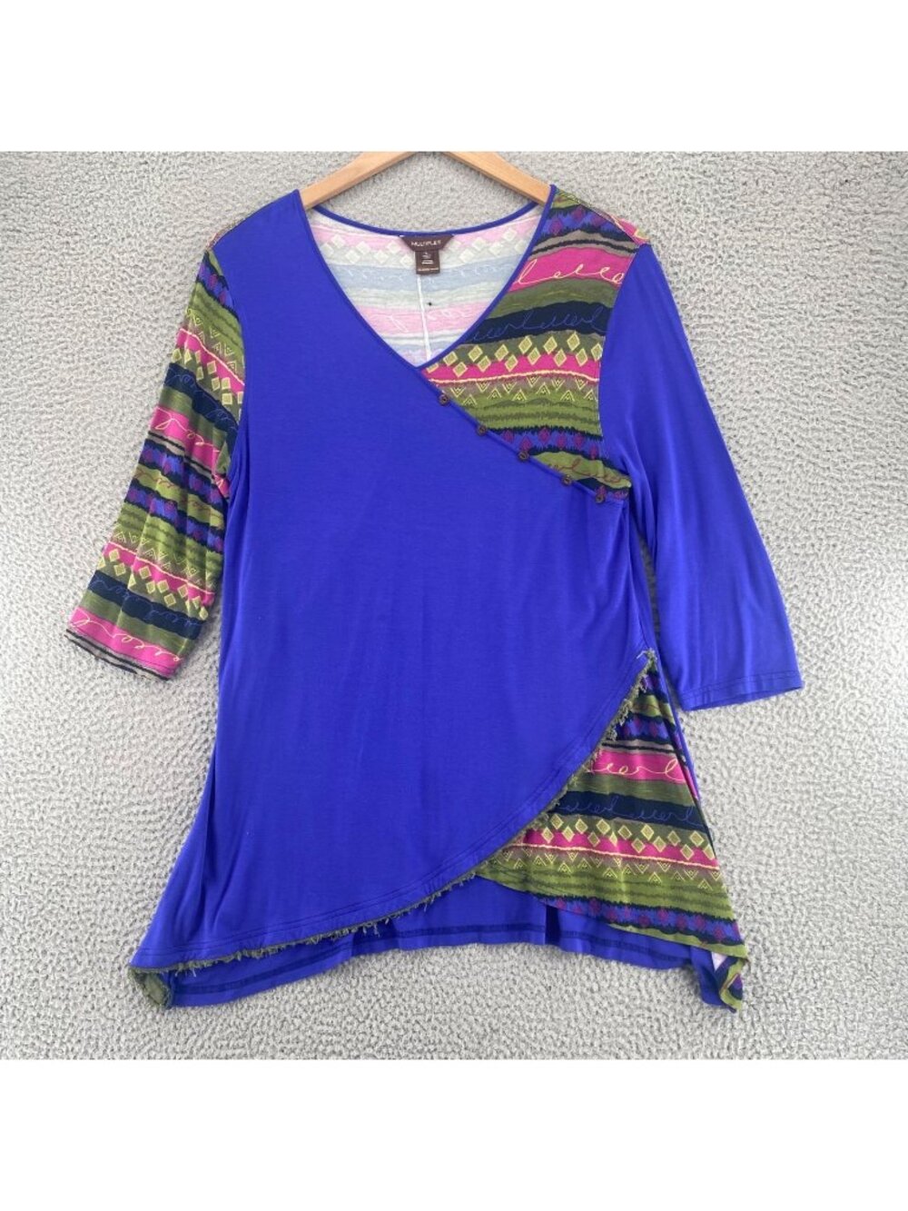 Multiples Top Womens Large Indigo Geometric Tee Drape Front V Neck 3/4 Sleeves